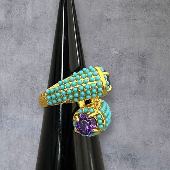 Gold plated twisted Purple CZ and turquoise beads ring various size - Picture 4 of 7